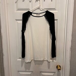 MILAN KISS Womens Long Sleeve Lace Trim Baseball Tee Top White Black Size L